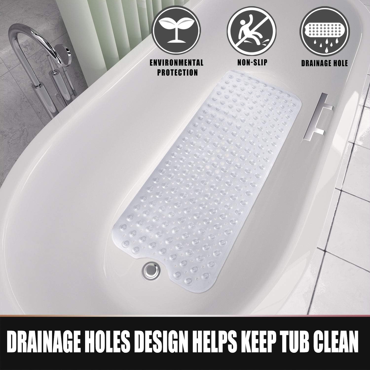 Yimobra 2-Pack Original Bath Tub Shower Mat Extra Long 16 x 40 Inches, Non-Slip with Drain Holes, Suction Cups, Machine Washable, Phthalate Free, Latex Free, BPA Free, Bathroom Mats, Clear: Home & Kitchen