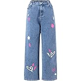 WDIRARA Girl's Star Heart Print Denim Pants Elastic Waist Straight Leg Jeans with Pockets