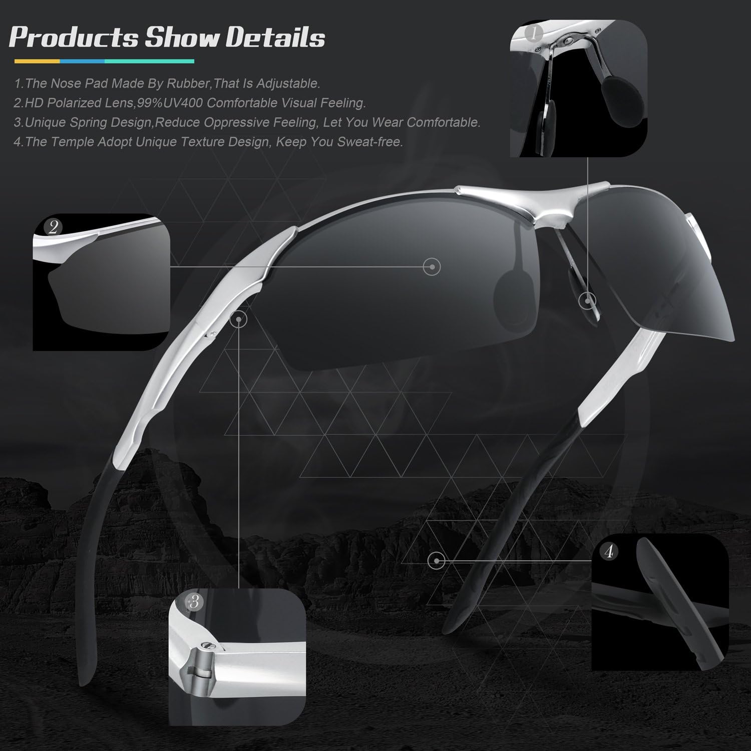 TOREGE Men's Sports Style Polarized Sunglasses Al-Mg Metal Frame Glasses M292 (Silver&Grey Lens) : Clothing