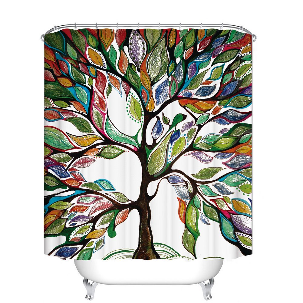 Fangkun Adjustable Colorful Tree Design Shower Curtain - Waterproof Polyester Fabric Bath Curtains Decor Set - 12pcs Shower Hooks - 72 x 72 inches