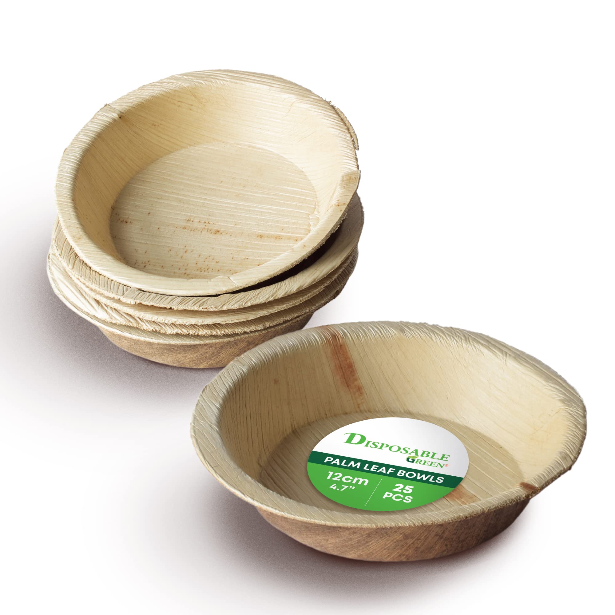 DISPOSABLE GREEN – Round Disposable Bowls, Areca Leaf Serving Bowls, Serving Bowls for Parties, Weddings, Catering, & More, Disposable Bowls for Hot Food & Cold Food, 12cm Round x 2.5cm Deep, 25-Pcs