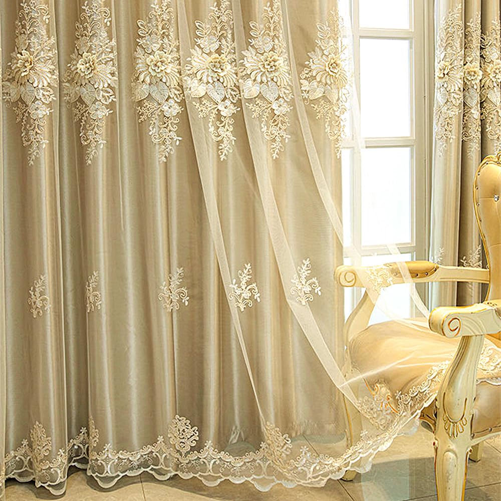 Photo 1 of Amidoudou 1 Pair Luxury European Curtains with Valance for Living Room Bedroom Double Layer Embroidered Curtains (Gold,52x96 Inch)