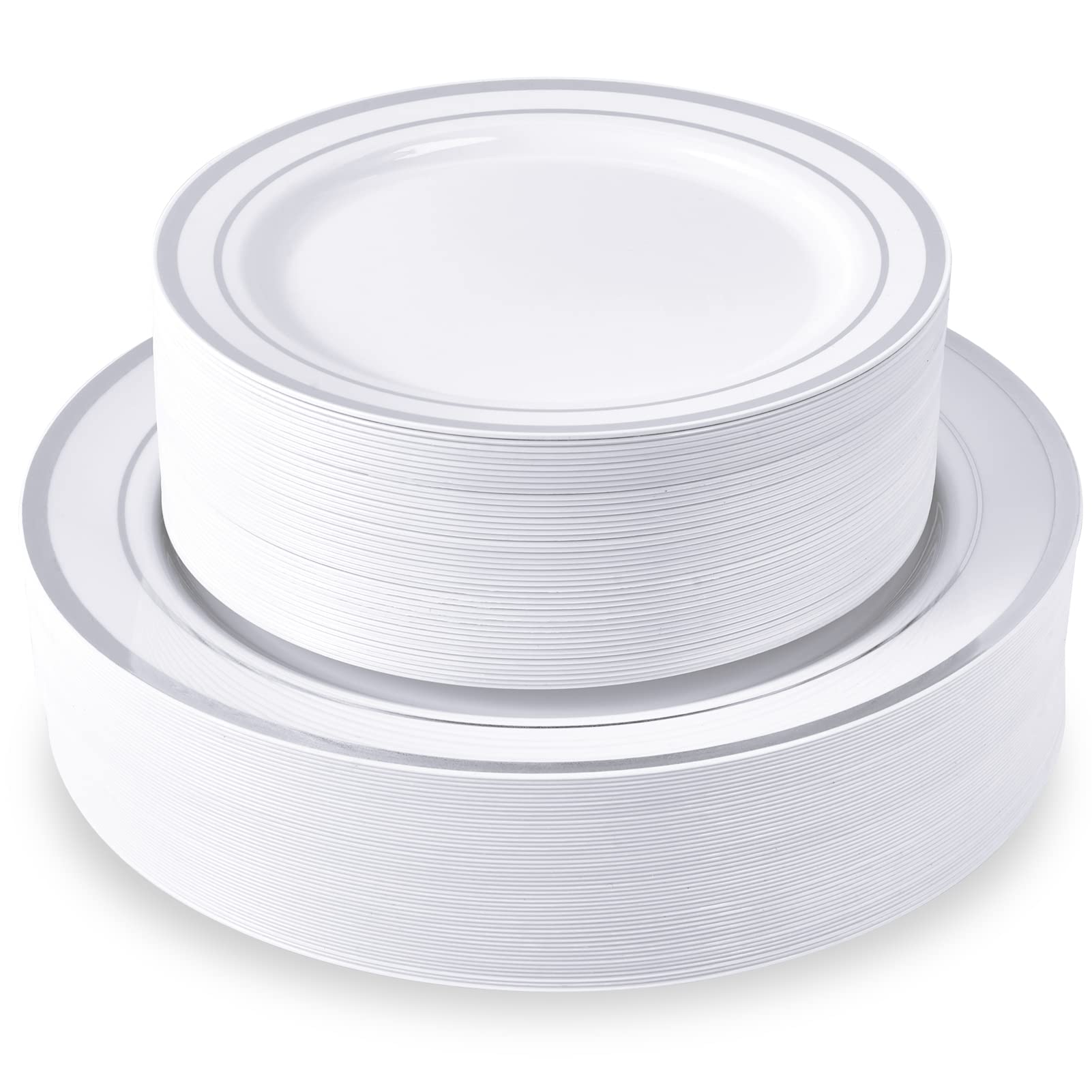Photo 1 of JollyPack 100 Piece Disposable Silver Plastic Party Plates, Including 50 10 Inch Dinner Plates and 50 7 Inch for Dessert, Great for Parties, Weddings, Home Use, and Christmas