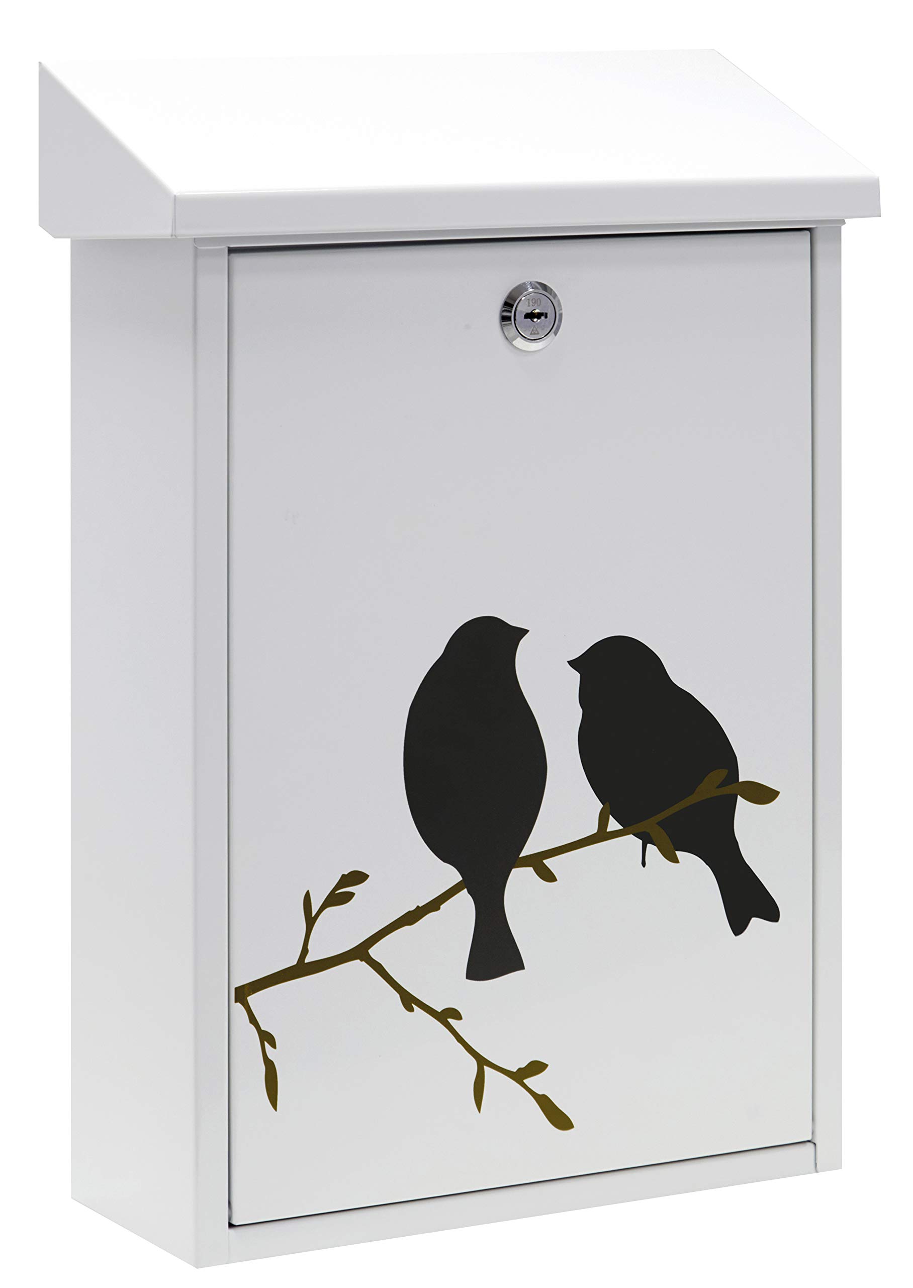 ARREGUI Premium Graphic E5601-BIR Outdoor Steel Mailbox with Decorative Screen Printing 'Birds', Size M (DIN A4 and Magazines), Rainproof, Easy to Install, White