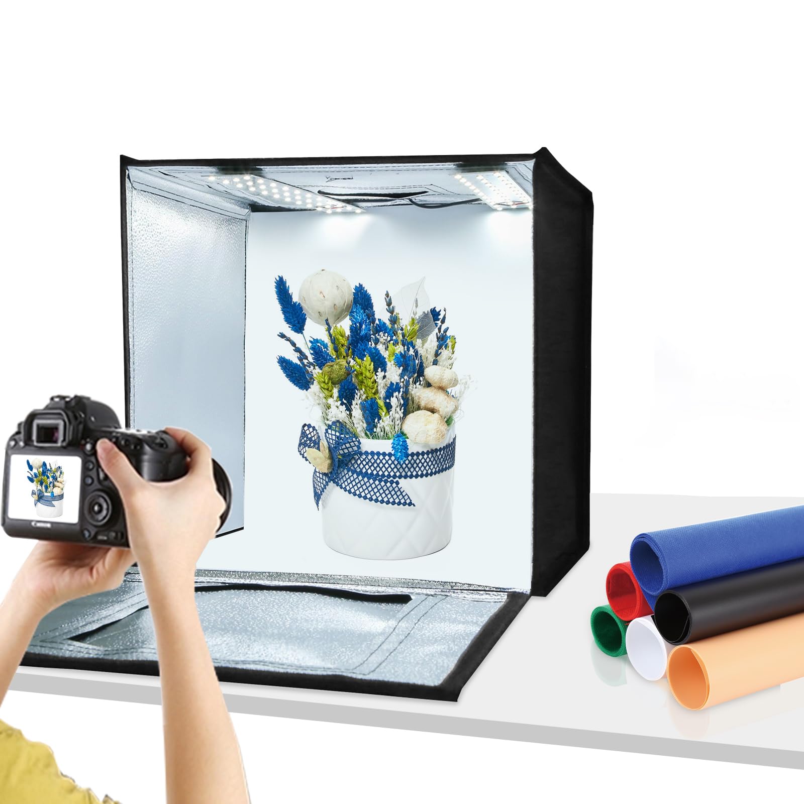 PULUZ Light Box 40 * 40CM Photo Studio Lightbox Kit White Light Dimmable Portable Foldable Shooting Tent for Photography Items with 64 Beads + Soft Cloth + 2 Light Board + 6 Colors Backdrops