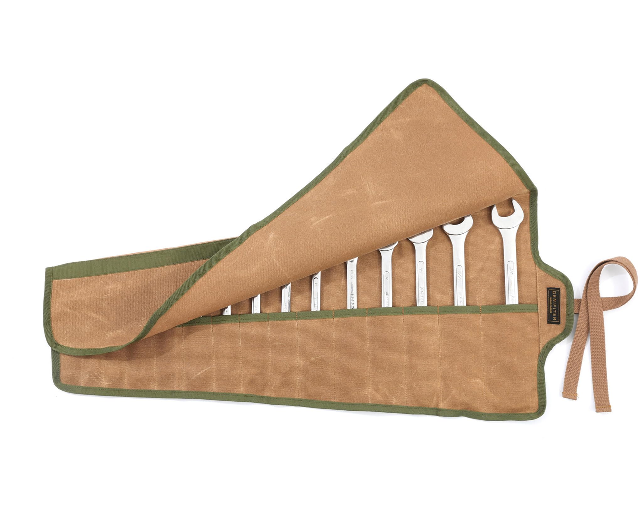 15 Pockets Tool Roll Up Organizer Bag, Heavy Duty 16oz Waxed Canvas Wrench Roll Up Bag With Straps, Multi-Purpose Tool Pouch For Metric, SAE (Khaki)