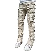 Conshvi Men's Slim Fit Stretch Jeans Distressed Patchwork Stacked Frayed Straight Leg Skinny Denim Pants