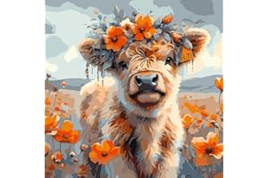 AALBLAC Cow Paint by Numbers for Adults - Highland Cow Flower Paint by Numbers for Adults Beginners, Acrylic Simple Paint by Number Canvas for Gift Home Decoration (16x16 Inch)