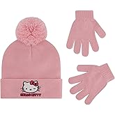 Hello Kitty Beanie Hat and Gloves Set, Girls Cuffed Winter Knit Cap with Pom and Matching Mittens, Blush, One Size