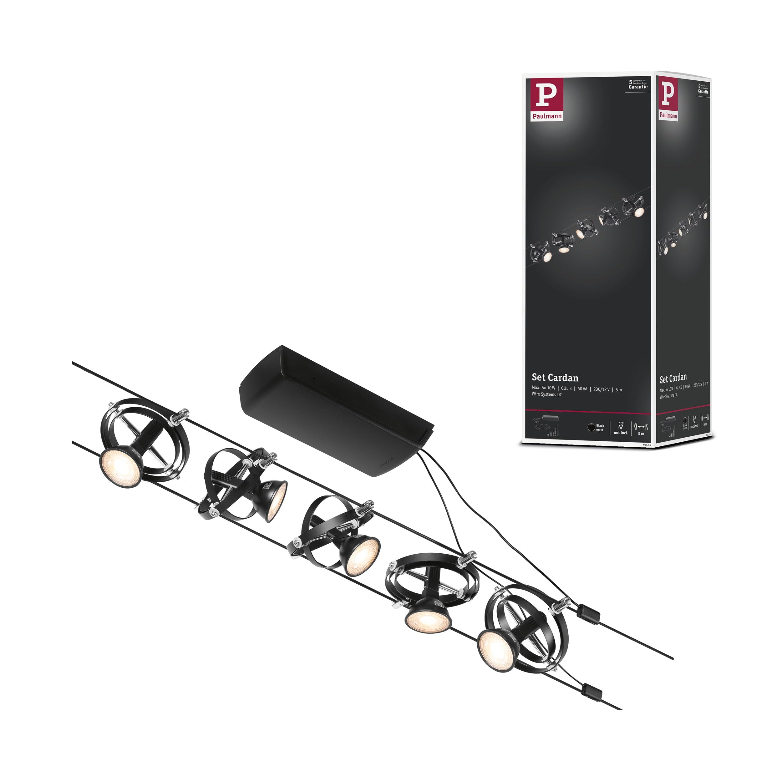 Paulmann 94440 CorDuo Lighting Set - Cardan DC, Max 5 x 10 Watt Extendable Wire Cable System Matt Black Plastic GU5.3 Wire System