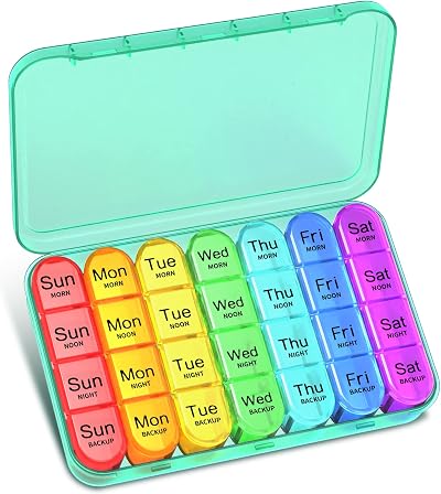 Betife Pill Box 7 Day 4 Times a Day Organiser Cyan 8x5x1.4 in