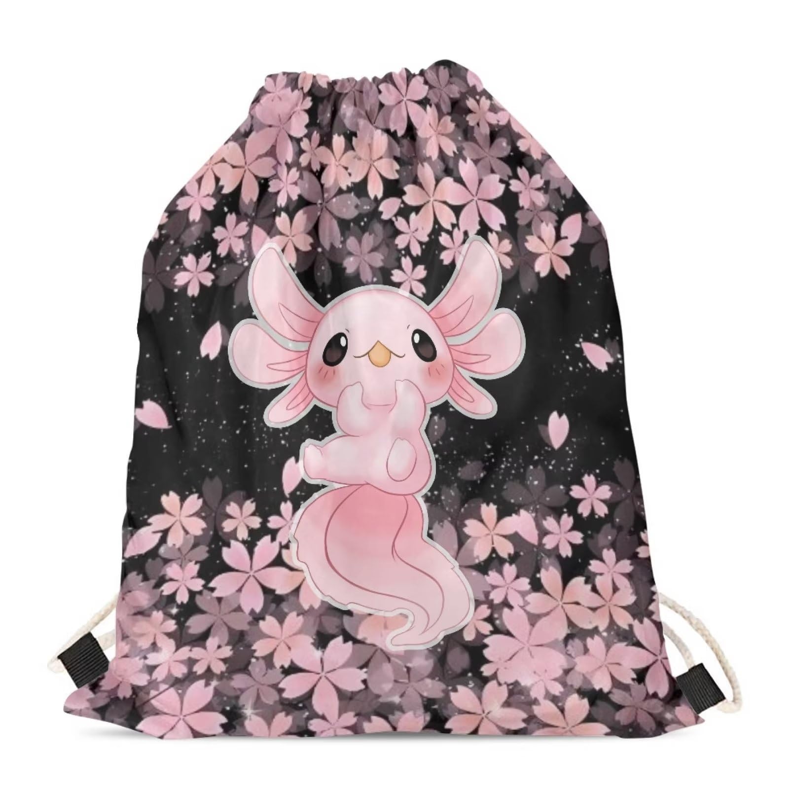 Showudesigns Sakura Axolotl Drawstring Bag Pink Cherry Blossom Flower Swimming String Backpack Travel Organizer Drawstring Bag Run Gymsack for Soccer Tennis PE Bags