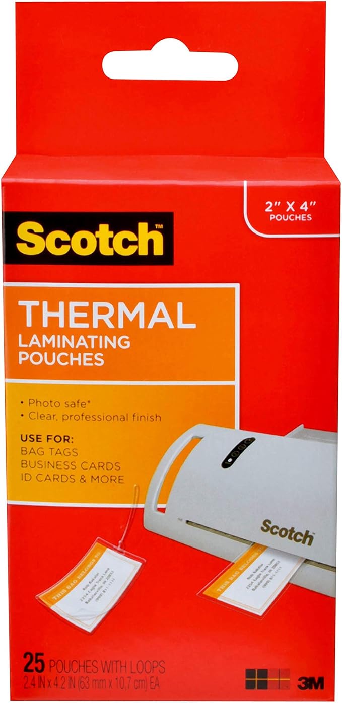 Amazon Com Scotch Thermal Laminating Pouches 5 Mil Thick For Extra Protection Professional Quality 2 48 In X 4 21 In Luggage Tag Size With Loop 25 Pouches Tp5853 25 Office Products
