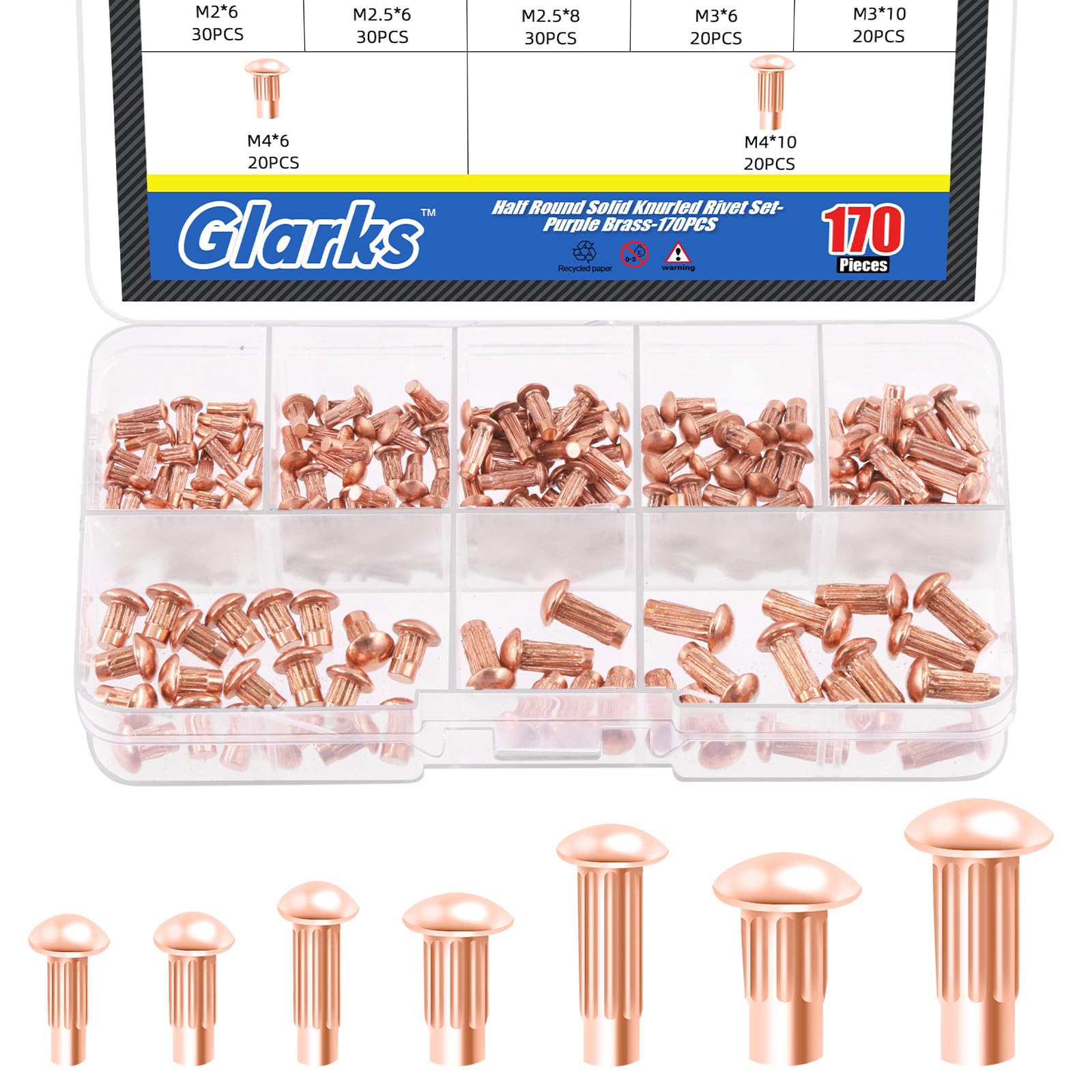 Glarks 170Pcs Solid Rivets Knurled Shanks Set, M2 M2.5 M3 M4 Semi-Round Head Red Copper Solid Rivets Assortment Kit with Storage Box Home Outdoor Hardware Tool