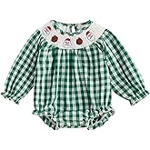 Toddler Baby Girl Christmas Romper Plaid Santa Gingerbread Print Long Puff Sleeve Smocked Romper Cotton Linen Tops