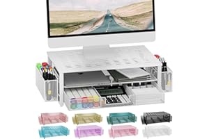 gianotter Monitor Stand Riser, Desk Organizer with Drawer and Pen Holder, 2-Tier Computer Stand, Desk Accessories & Workspace Organizers(White)