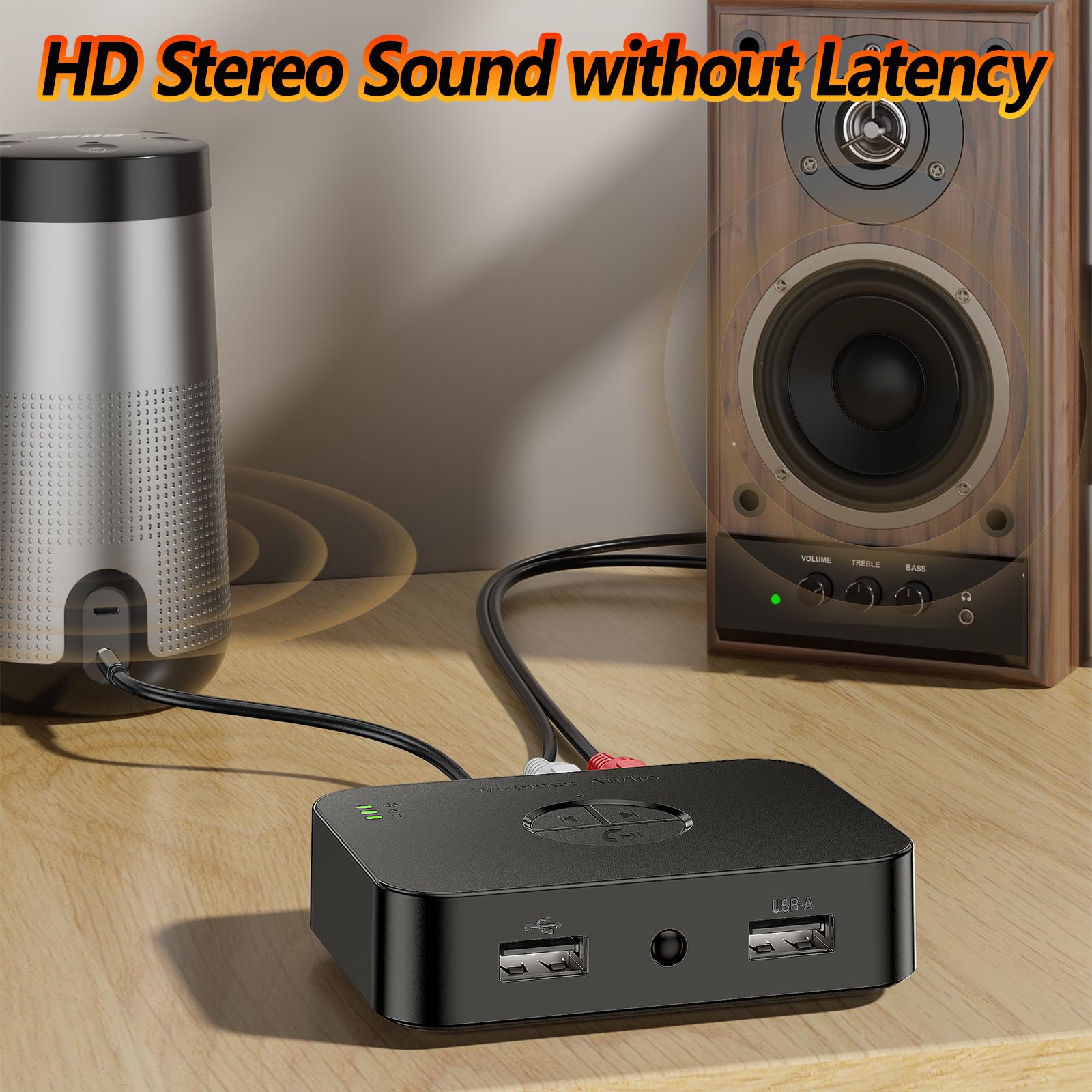 Bluetooth 5.4 Receiver for Home Stereo, Bluetooth Audio Adapter for HiFi Music Streaming, Wired Speakers, USB Flash, with AUX 3.5mm/RCA, Dual Link, 32 ftLong Range, Low Latency and HD Audio
