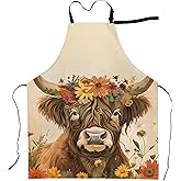cromcu Highland Cow Apron Rustic Floral Bull Illustration Aprons Waterproof Oxford Polyester Adjustable Pockets Design for Cooking, Garden , Art Projects, Farmhouse Kitchen Gifts Decor, 28x33 Inch