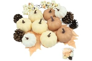 Artgar Foam Pumpkin Decor - 16 PCS Artificial Pumpkin Set - Fall Decor with Mini Pumpkins, Pinecones Maple Leaves Berries for Halloween Thanksgiving Fall Decor, DIY Crafts Tabletop Tray Decorations