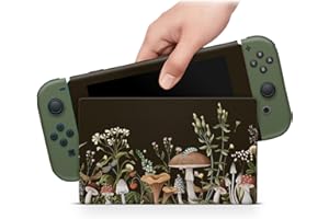 ZOOMHITSKINS Compatible with Switch Skin Cover, Black Green Mushroom Forest Wild Flowers Grass Botanical Cute, 3M Vinyl Decal Sticker Wrap, Made in The USA