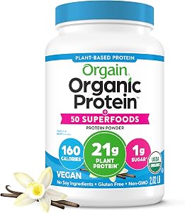 Orgain Organic Vegan 21g Protein + Superfoods Powder, Vanilla Bean, 2.02lb | Plant based protein, 50 superfoods, 8g prebiotic