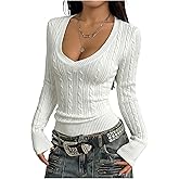 Milumia Women's V Neck Cable Knit Sweaters Long Sleeve Ribbed Fitted Going Out Crop Tops