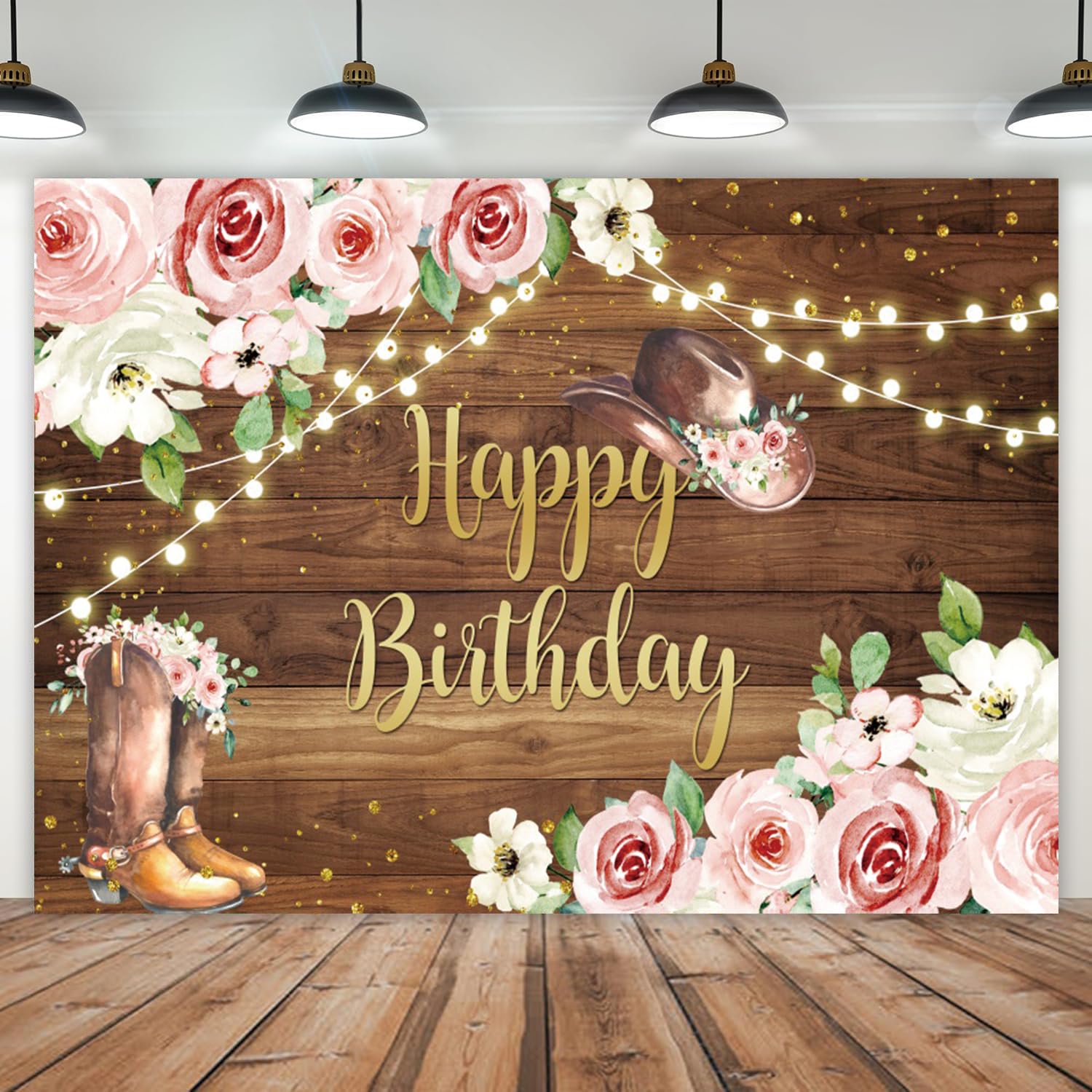 Photo 1 of 7x5ft Cowgirl Birthday Backdrop Rustic Wooden Western Theme Women Girls Birthday Party Photography Background Pink Flowers Wild West Birthday Decorations Banner Portraits Photo Studio Props