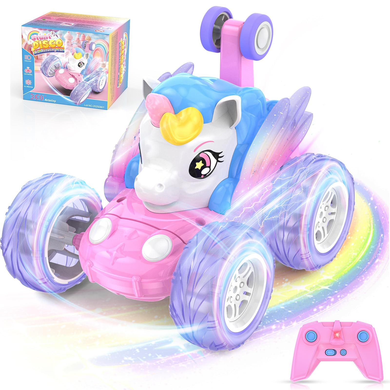 Unicorn Remote Control Car for Girls 3 4 5 6 7 8 9 Years Old, Pink Monster Truck with Colourful Light RC Stunt Car Kids Toy Age 3+ Xmas/Christmas Birthday Gift Present Stocking Filler Outdoor Game — image 1