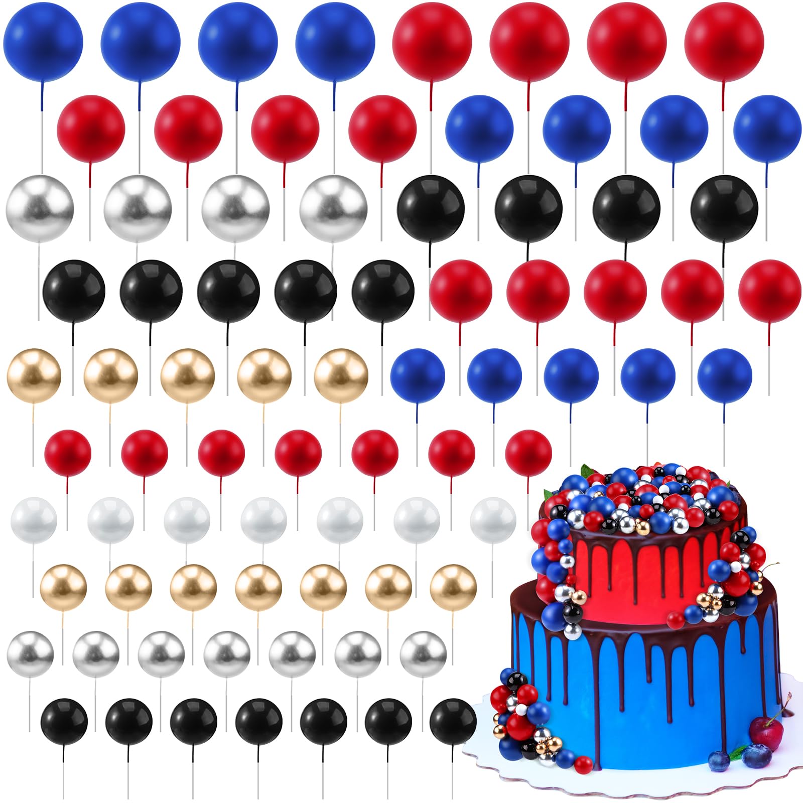 Photo 1 of 108 Pcs Balls Cake Topper DIY Cupcake Insert Foam Balloons for Cake Baking Wedding Anniversary Birthday Decoration(Blue, Red, Black,Multi Sizes)