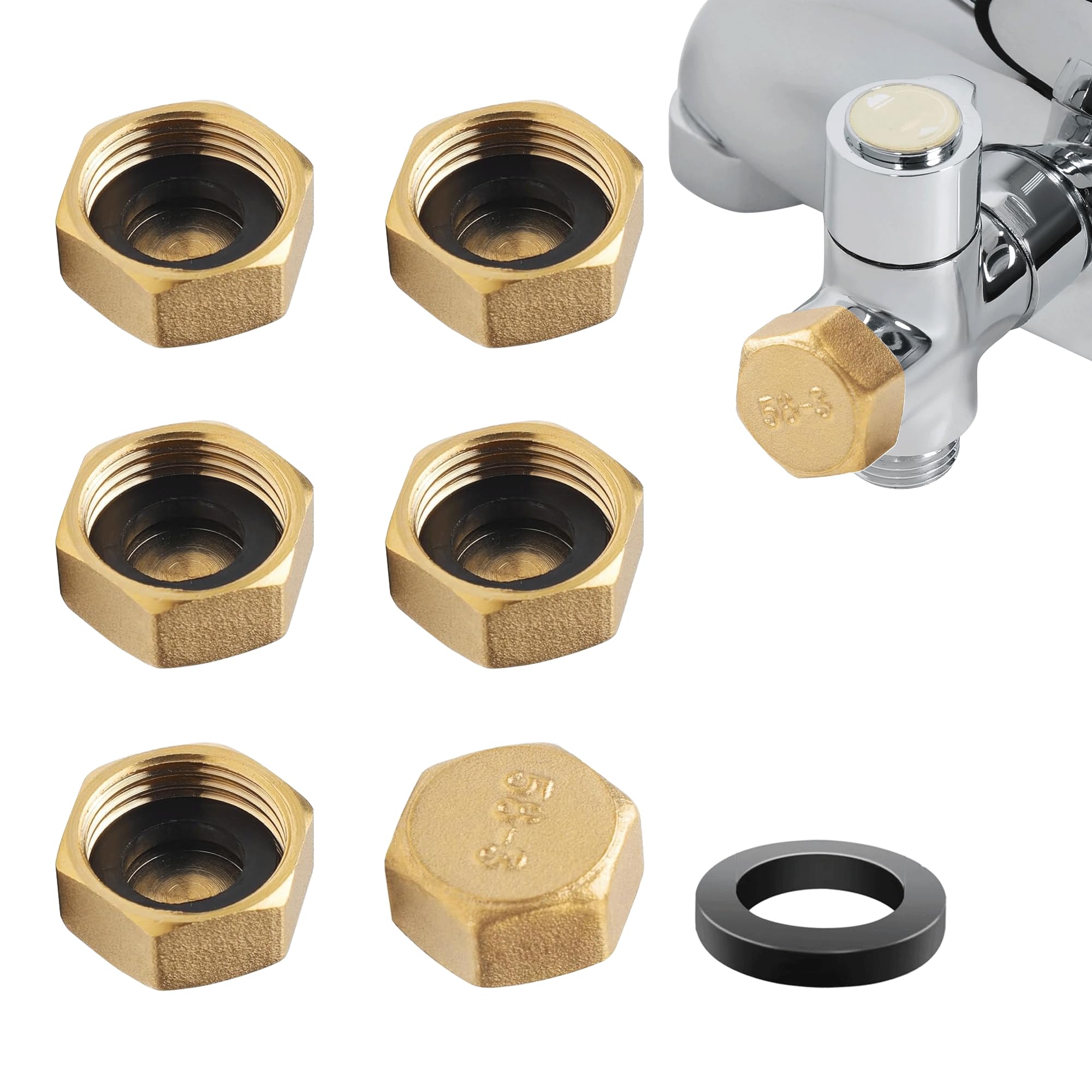 6PCS 1/2 Inch Brass Blanking Cap Hex Brass Blanking Nut Caps Leak-Proof Female Blanking Stop Cap with 6pcs Black Sealing Washer Blanking Cap for Water Pipes Washing Machines and Faucets