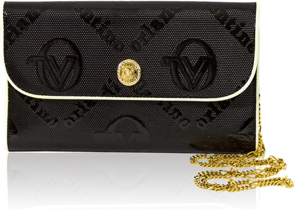 Valentino Orlandi Italian Designer Black Monogram Leather Clutch Wallet w/Chain