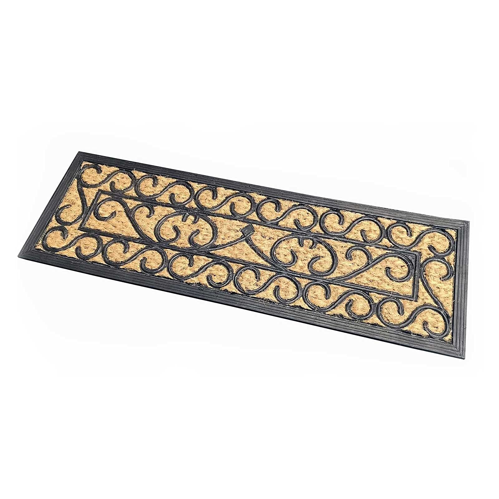 HOMESCAPES Door Mat Scroll Design 100% Natural Coir 25 x 75 cm with Rubber Non-Slip Back Indoor and Outdoor Doormat