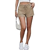 Famulily Womens Linen Drawstring Elastic Waist Button Shorts Low Rise Cute Beach Shorts with 4 Pockets