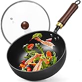 BrBrGo Carbon Steel Wok, 9.5" Bi-Thickness Authentic Chinese Woks & Stir-Fry Pans, Saute Pan with Lid, Deep Fry Pan Flat Bottom Small Wok for 1-2 Servings