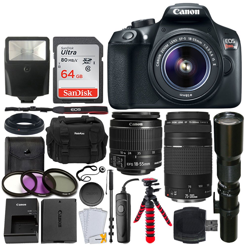 CanonEOS Rebel T6 DSLR Camera + EF-S 18-55mm is II Lens + 75-300mm & 500mm Telephoto Lens + Filter Kit + 64GB Memory Card + Gadget Bag + Flash + Remote + Tripod & Monopod- Professional Bundle