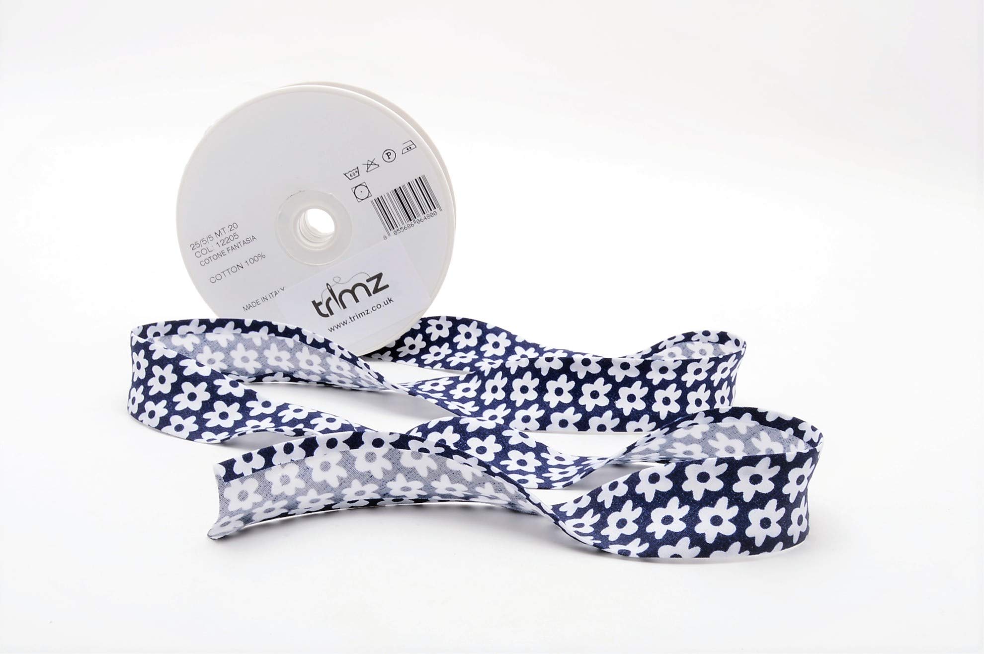 Trimz Bias Binding, Cotton, White and Navy, 25/5/5 mm