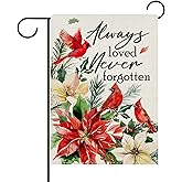 Dyrenson Always Loved Never Forgotten Memorial Decorative Garden Flag, Christmas Cardinal Poinsettia Yard Outside Home Decoration, Xmas Winter Holiday Burlap Outdoor Small Decor Double Sided 12 x 18
