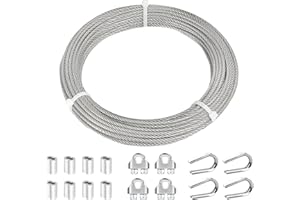 TooTaci 1/8 Wire Rope, 50ft 304 Stainless Steel Cable, 7×7 Strands Braided Aircraft Cable with Sleeve Loops, Wire Rope Clips 