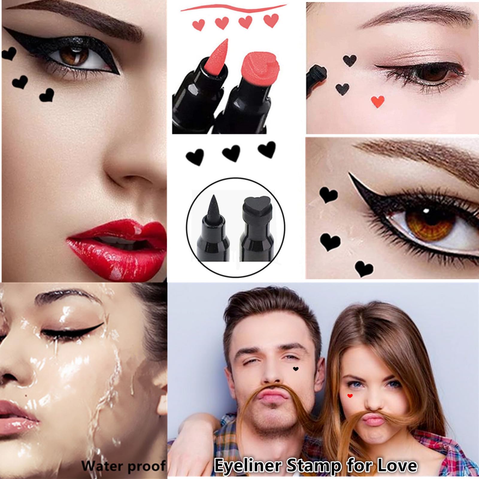 Go Ho 2 PCS Waterproof Liquid Eyeliner Stamps,Double-side Black&Red Smudge-proof Eye Liner,Heart Stamp Eyeliner for Halloween Costumes Makeup,Long-lasting Love Tattoo Tools for Valentines Day