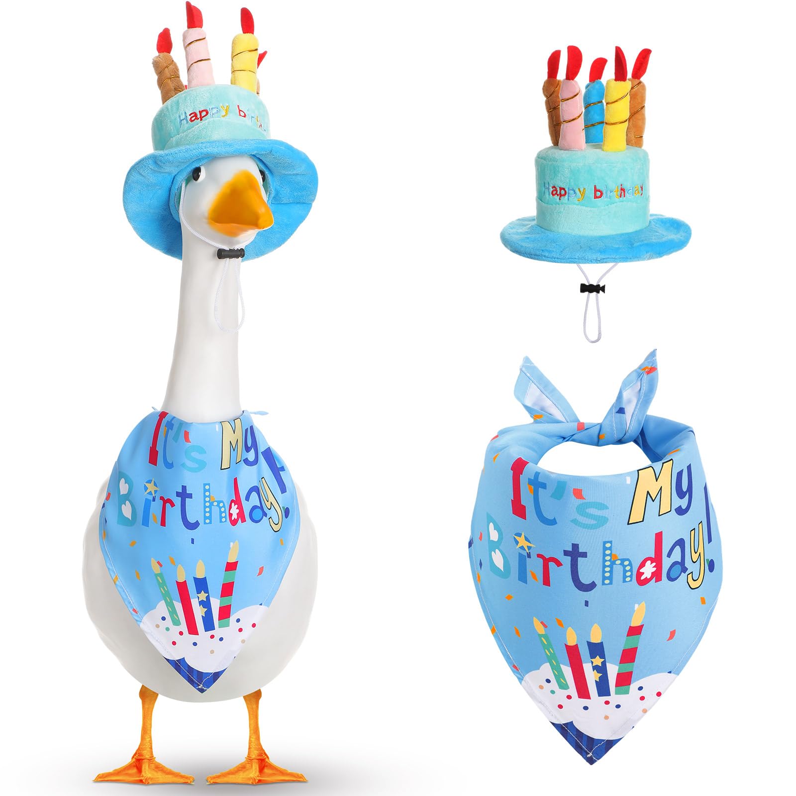 Photo 1 of Dansydaisy Happy Birthday Goose Outfit Porch Goose Outfits with Happy Birthday Cake Hat and Bandana Yard Geese Outfits for 23" 17" Cement Plastic Geese Duck Decorations(Style 1,Blue)