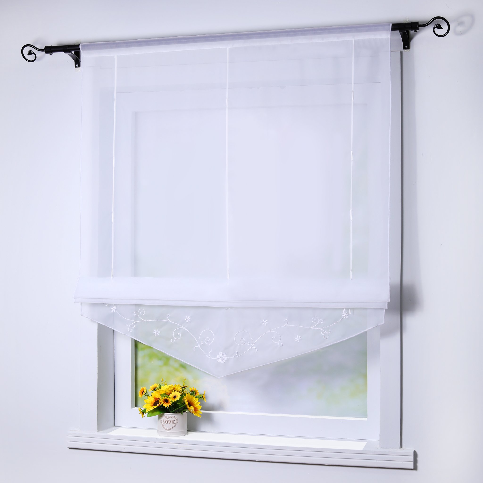 Joyswahl Lisa Roman Blind Voile Transparent Ribbon Blind with Drawstring Embroidery Curtain W x H 60 x 140 cm White Pack of 1