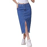 CIMUK Women's Denim Skirt High Waist Front Slit Raw Trim Hem Pencil Skirt with Pockets Midi Jean Skirts
