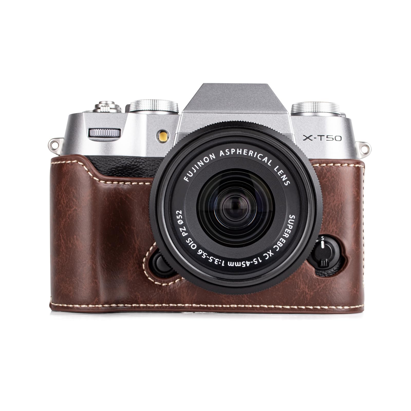 MUZIRI KINOKOO Fuji XT50 PU Leather Protective Half Case Compatible for X-T50 Digital Camera - Easy Carrying With Opening Bottom and Hand Grip Design - Coffee