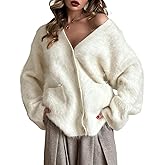 Gihuo Women' s Fuzzy Cardigan Sweaters V Neck Fluffy Cardigan Long Sleeve Button Down Knit Furry Sweater with Pockets