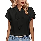 Rooscier Women's Bow Tie Neck Ruffle Short Sleeve Vintage Retro Work Blouse Top