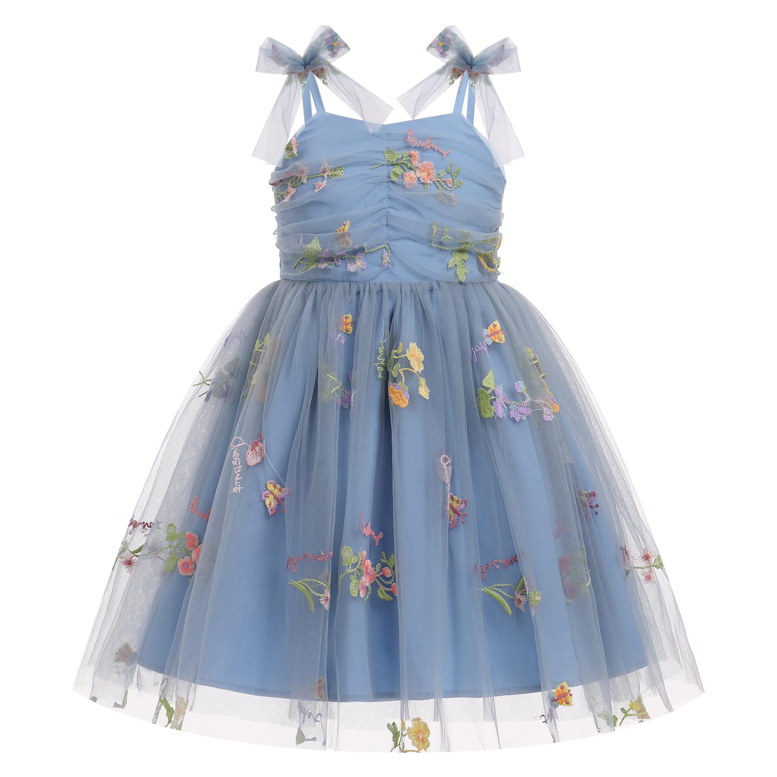 IMEKIS Fairy Dress Girls: Toddler Tulle Kids 5th 6th Birthday Outfit Smash Cake Photoshoot Baby Spring Wedding Guest Tea Party Easter Thanksgiving Pageant Smocked Tutu Dusty Blue Floral 5-6 Years Image