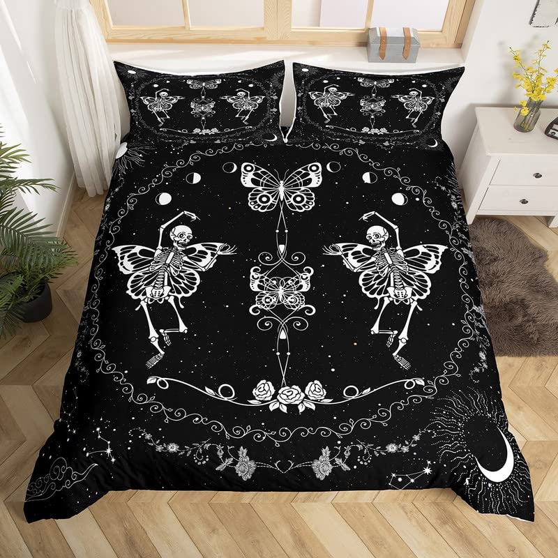 Cute Dancing Skull Comforter Cover Double Size,Butterfly and Flowers Print Duvet Cover with 2 Pillowcases,3 Piece,Stars Moon Skeleton Lovers Polyester Bedding Set for Boys Teens Bedroom Decor