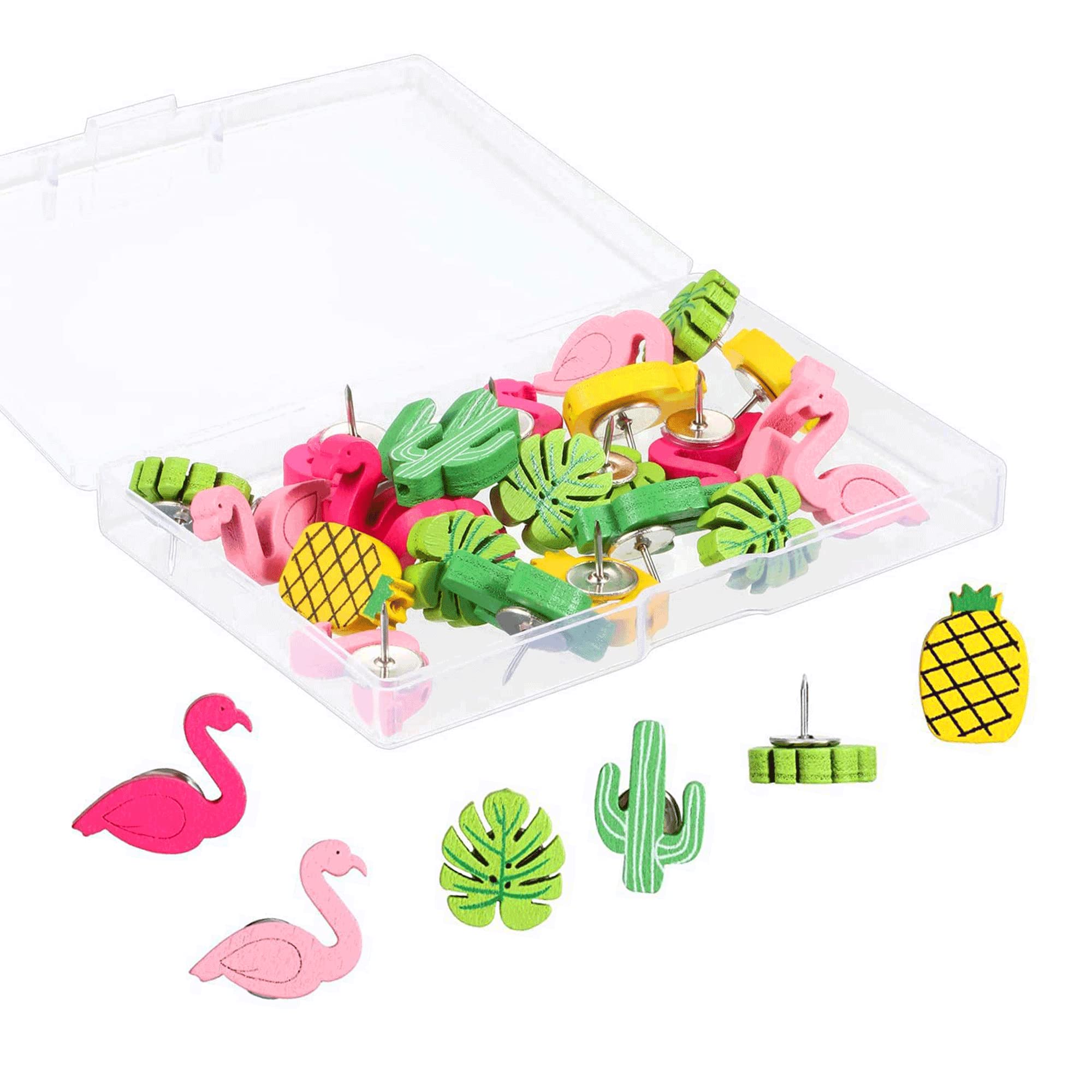 IRYNA 30Pcs Wooden Push Pins Thumb Tacks Decorative Cute Pushpins Drawing Pins Thumb Tacks for Photos Wall, Maps, or Cork Bulletin Board (Flamingo Pineapple Cactus Palm Leaf)