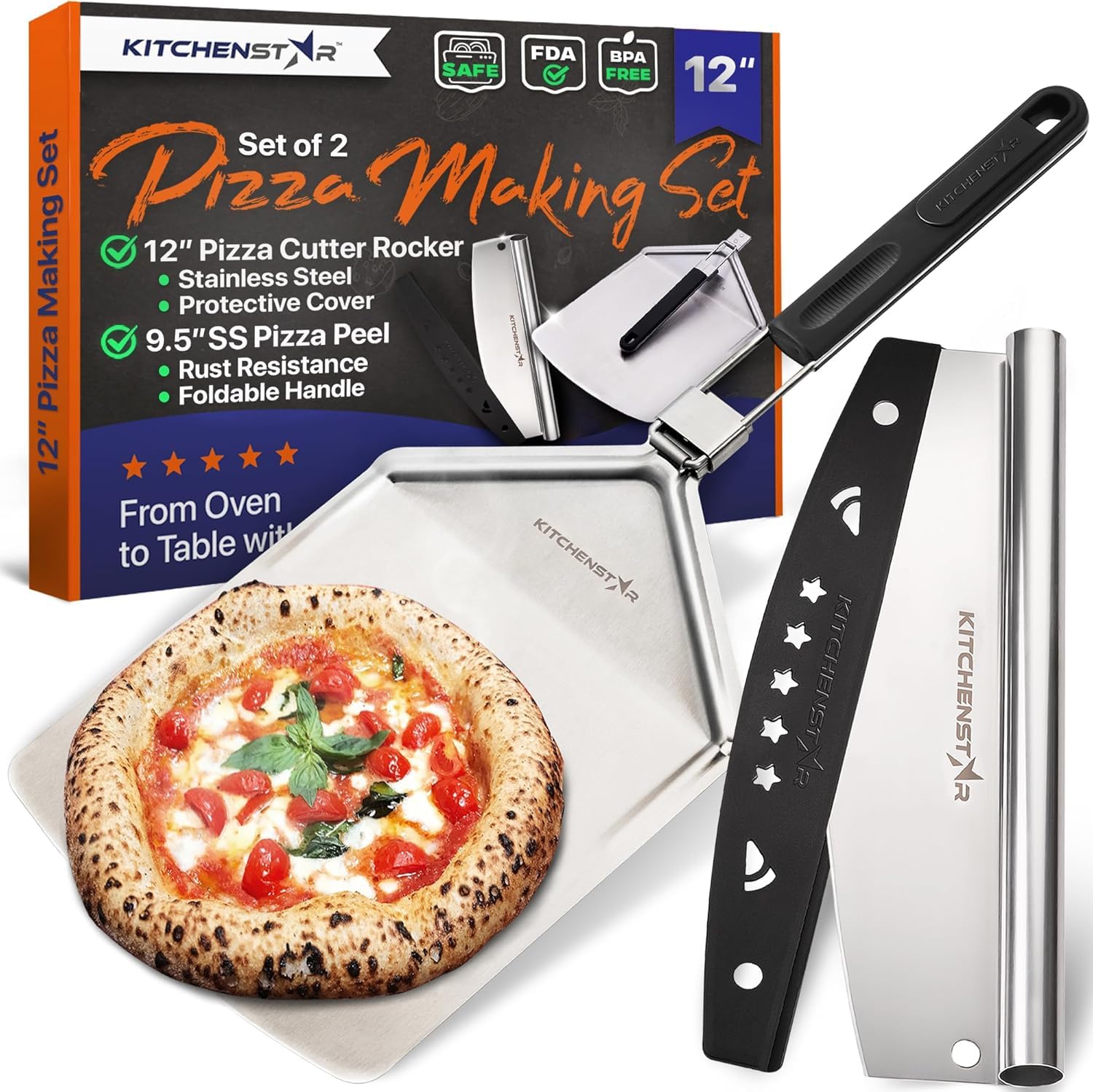 Photo 1 of 12" Pizza Making Kit (Set of 2) - 12" Pizza Cutter Rocker Knife with Blade Cover + 9.5" Stainless Steel Pizza Peel with Folding Handle- Ultimate Pizza Oven Accessories