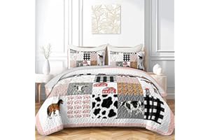 HOSIMA Farmhouse Twin Bedding Sets,Plaid Patchwork Cow Bedding,Cute Cartoon Farm Animal Pig Cow Horse Pattern Quilt,Western Country Style Room Decor Aesthetic with 2 Pillowcases.